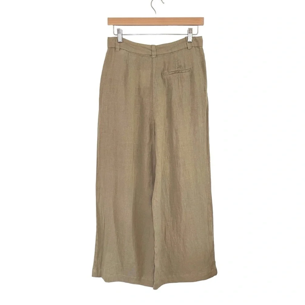NWT Zara Relaxed Linen Wide Leg Crop Trouser Pleat Front Pant Khaki Tan Small